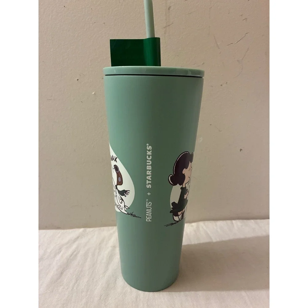 Starbucks Peanuts Snoopy Lucy Cold Cup Tumbler 24oz Sage Green Stainless Steel